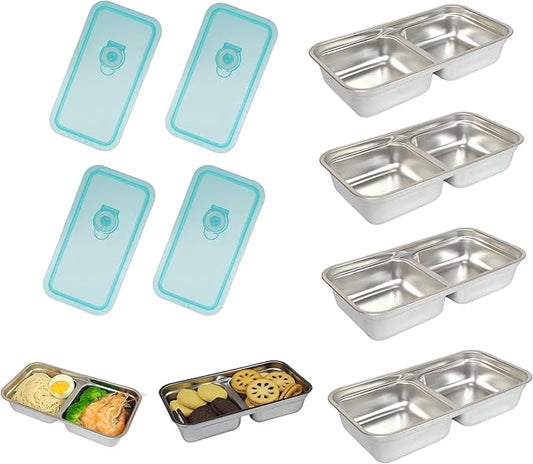 Stainless Steel Snack Containers,2 Compartment Reusable Snack Containers with Lids,Snack Box,Stainless steel lunch containers for Travel,Office,Outdoor Camping,Daily Use(4PCS)