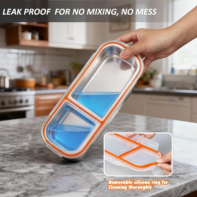 3 Pack Stainless Steel Snack Containers with Lids, Leakproof Lunch Box Containers, Reusable 2 Compartment Snackle Box, Grab and Go lunchable container for Travel