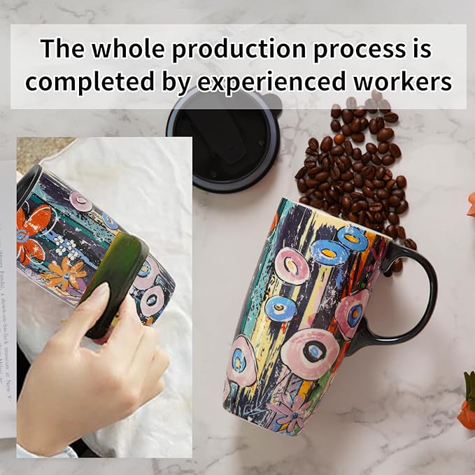 Topadorn Ceramic Travel Mugs Porcelain Latte Tea Cup Coffee Mug with Lid and Handle,17oz. Abstract Garden