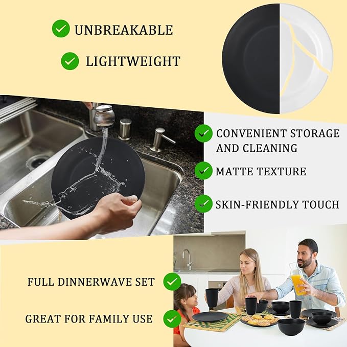 Wheat Straw Dishes Set 40 PCS,Service for 8,Unbreakable and Ruseable Plastic Dinnerware Sets,Dessert Plates,Drinking Glasses,Dishwasher & Microwave Safe Dinner Plates for Kitchen,Camping,Dorm（Black）