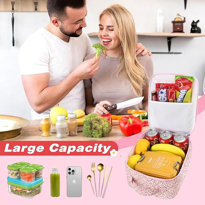 Aileam Lunch Box for Women Cute Lunch Bag Quilted Reusable Insulated Lunch Box Aesthetic Lunch Tote Bags Floral Cotton Lunch Case for Travel Work Picnic (PINK DITSY)