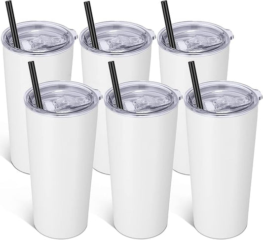VEGOND 20oz Tumbler Bulk with Lid and Straw 6 Pack, Stainless Steel Vacuum Insulated Tumbler, Double Wall Coffee Cup Travel Mug, White