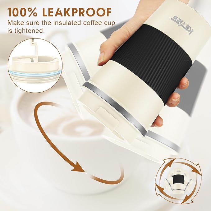 KETIEE 12oz Travel Mug: Vacuum Insulated Coffee Cup with Leakproof Lid, Travel Coffee Mug Stainless Steel Double Walled Reusable Coffee Cup for Hot and Cold Water Coffee (Beige)