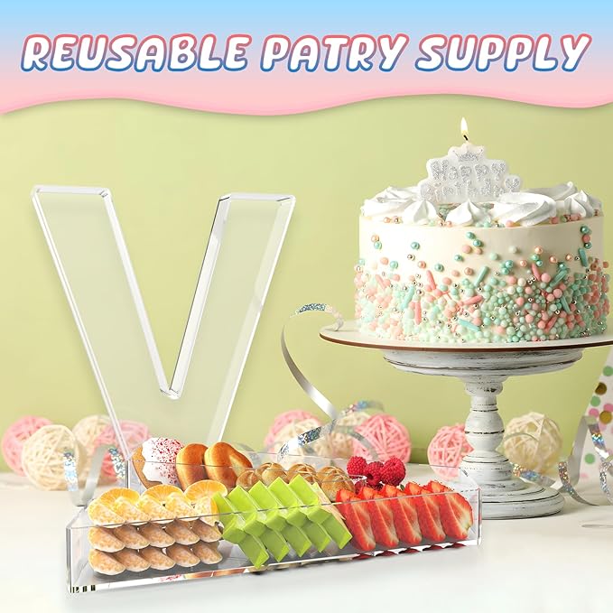 11" Acrylic Letter Charcuterie Box, Reusable Fillable Alphabet Number Shaped Form Tray for Birthday Anniversaries, Party Decorative Serving Plates Display Candy Cake (V)