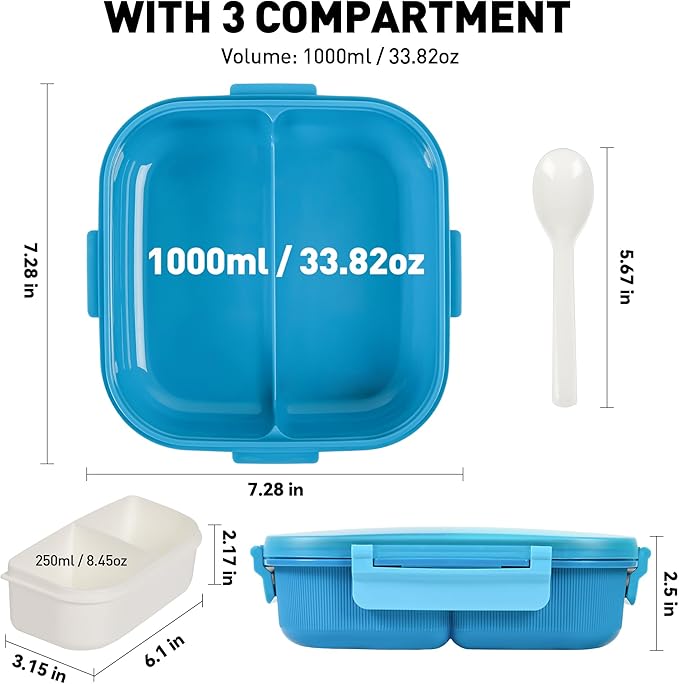 Square Bento Box with Removable Compartments for Adults & Kids - 1000ml Leak Proof Lunch Box with Utensils, BPA-Free, Microwave & Dishwasher Safe, Portable(Blue)