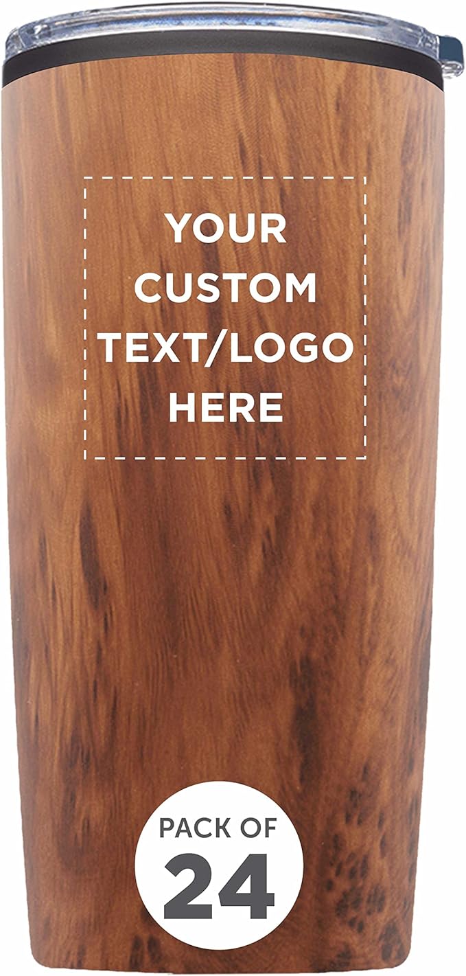 Custom Plastic Tumblers 20 oz. Set of 24, Personalized Bulk Pack - With lids, Ice Coffee Tumbler, To Go Cup, Insulated - Wood