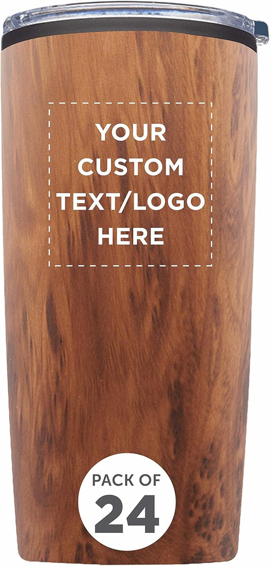 Custom Plastic Tumblers 20 oz. Set of 24, Personalized Bulk Pack - With lids, Ice Coffee Tumbler, To Go Cup, Insulated - Wood
