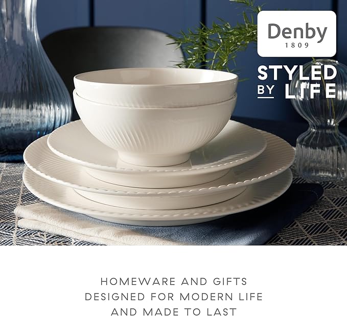 Denby - Arc White Porcelain Dinner Set For 4-12 Piece Textured Tableware Set For Any Occasion - Dishwasher Microwave Oven Safe - Scratch Chip Resistant