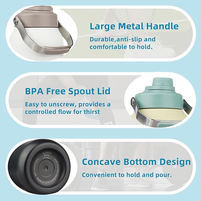 BJPKPK Half Gallon Insulated Water Bottles, 64oz Water Jug with Metal Handle & BPA Free Spout Lid, Dishwasher Safe Thermo, Large Stainless Steel Gym Sport Jugs, Grey