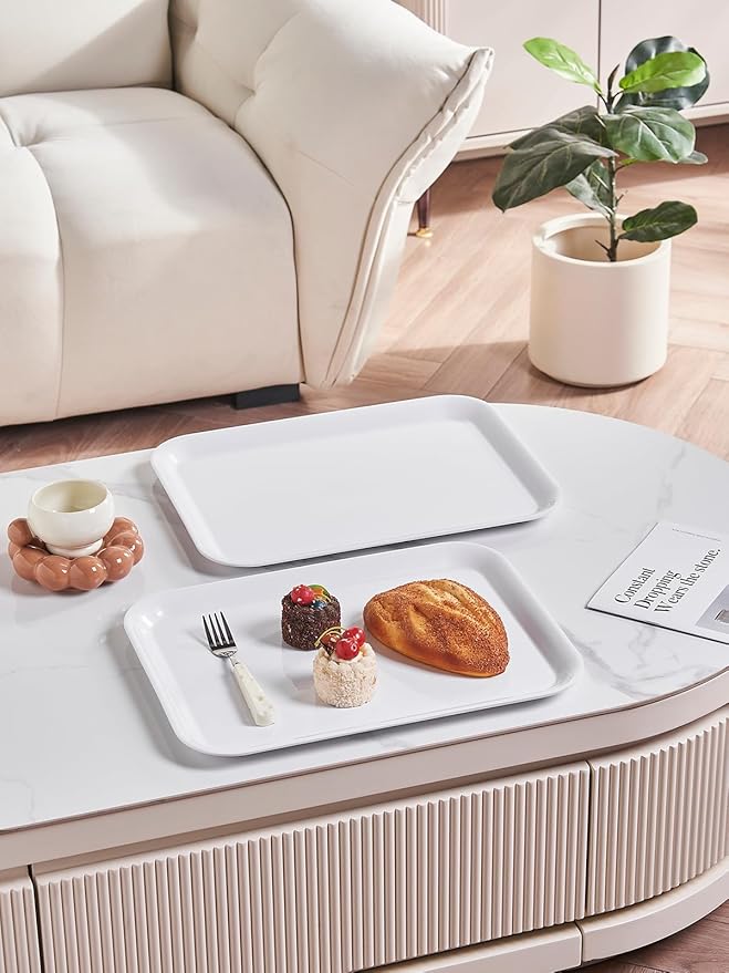 Blue Boat 17" x 12.5" Rectangular Serving Trays Set of 2 White, Melamine Serving Platter, Light Weight Easy to Clean Sturdy Stackable BPA-Free Dishwasher Safe