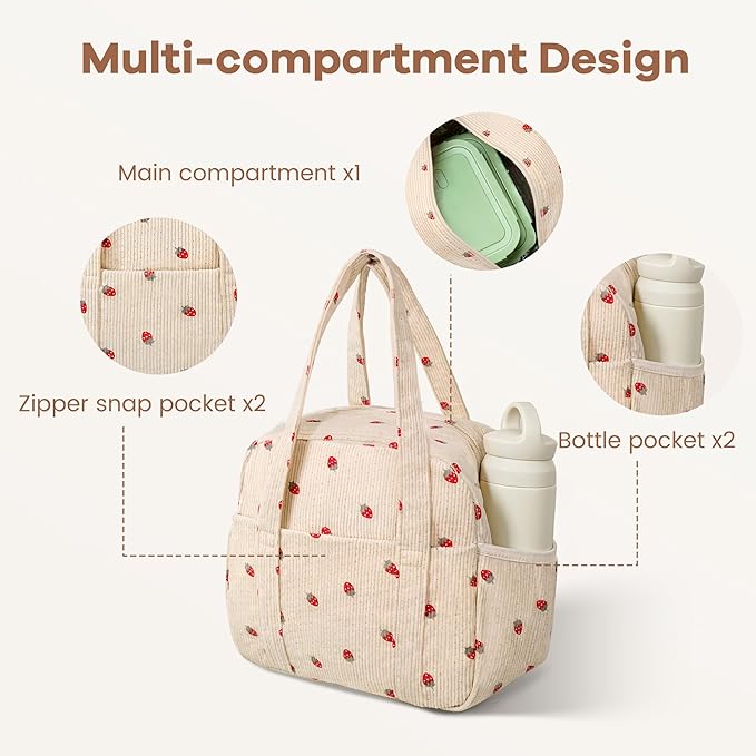 Yarnic Lunch Bag Women Men Insulated, Large Corduroy Lunch Box for Work with Bottle Pockets, Stylish Reusable Cooler Tote for Adults Teachers Picnic Hiking (Small Strawberry)