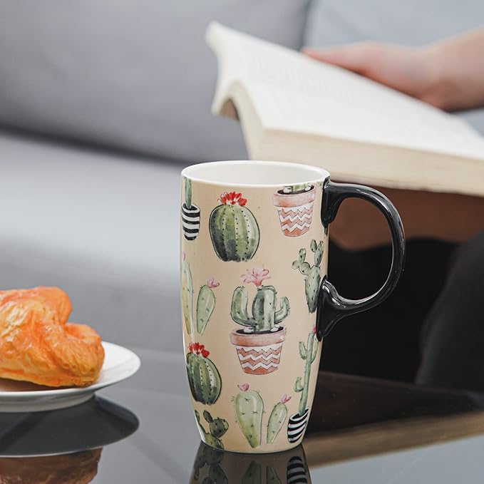 Topadorn Ceramic Mugs Porcelain Latte Tea Cup Coffee Mug with Lid and Handle Coffee Cup,17oz. Cactus