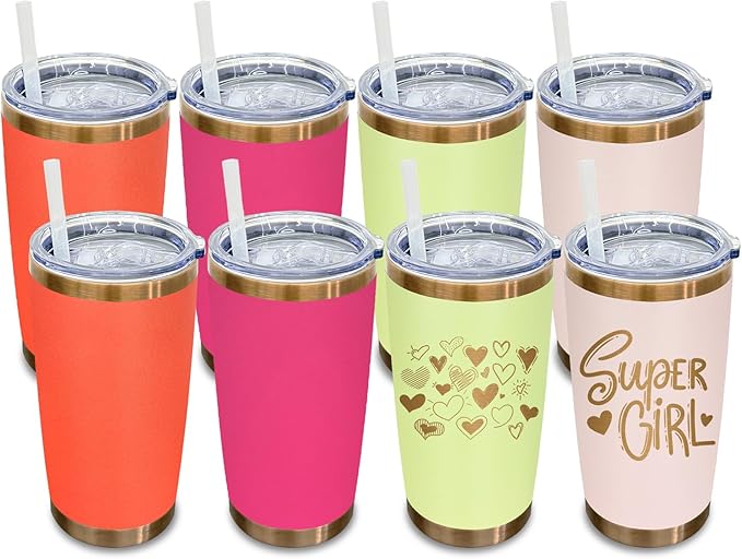 20 oz Tumbler Bulk 8 Pack Stainless Steel Tumblers with Lids and Straws, Double Wall Vacuum Insulated Travel Coffee Mug for Laser Engrave, Powder Coated Cups for Hot and Cold Drinks (Mixed B,8 pack)