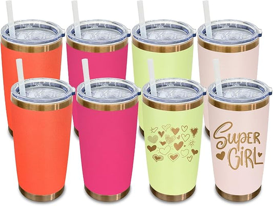 20 oz Tumbler Bulk 8 Pack Stainless Steel Tumblers with Lids and Straws, Double Wall Vacuum Insulated Travel Coffee Mug for Laser Engrave, Powder Coated Cups for Hot and Cold Drinks (Mixed B,8 pack)