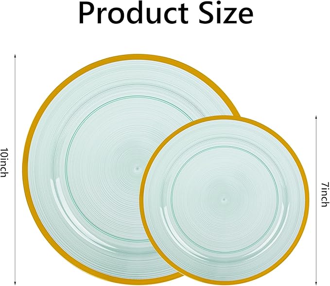 120PCS Green Plastic Plates with Gold Rim, Heavy Duty Disposable Plate, Fancy and Elegant Circular Ribbed 60 Dinner and Dessert Plates for Party, Weddings