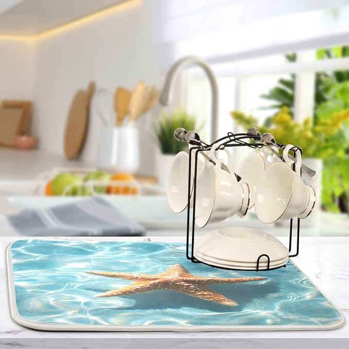 Starfish Floating Dish Drying Mat for Kitchen Counter Super Absorbent Dishes Pad Reversible Microfiber Protector Dish Draining Mats 18x24 inch
