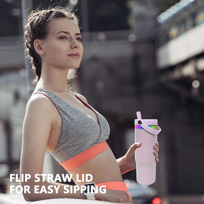 30 oz Tumbler with Handle and Straw, Vacuum Insulated Tumblers with Flip Straw and Top Handle, Leakproof Powder Coated Tumbler, Stainless Steel Travel Mug for Coffee Water (Purple)