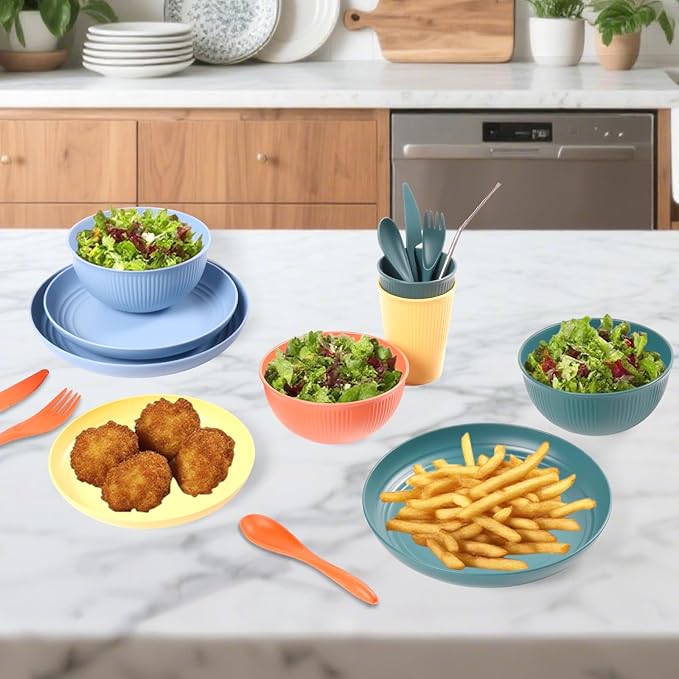 64PCS Wheat Straw Dinnerware Set for 8 BPA Free Kitchen Unbreakable Set for Home Outdoor Camping