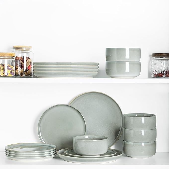TheTerra Ceramic Dinnerware Sets for 4, 12 Pieces Handmade Reactive Glaze Plates and Bowls Set, Scratch Resistant Dish Set, Oven & Microwave & Dishwasher Safe, Sea Foam