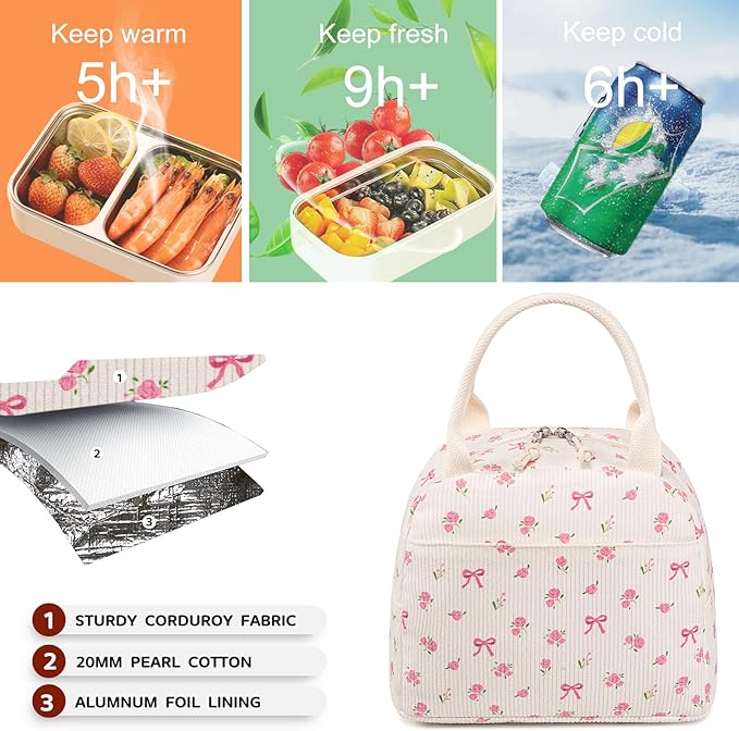 Bluboon Lunch Bag for Women Men Cute Corduroy Lunch Tote Bags Reusable Insulated Lunch Box Large Capacity Reusable Insulated Cooler for Work Picnic or Travel