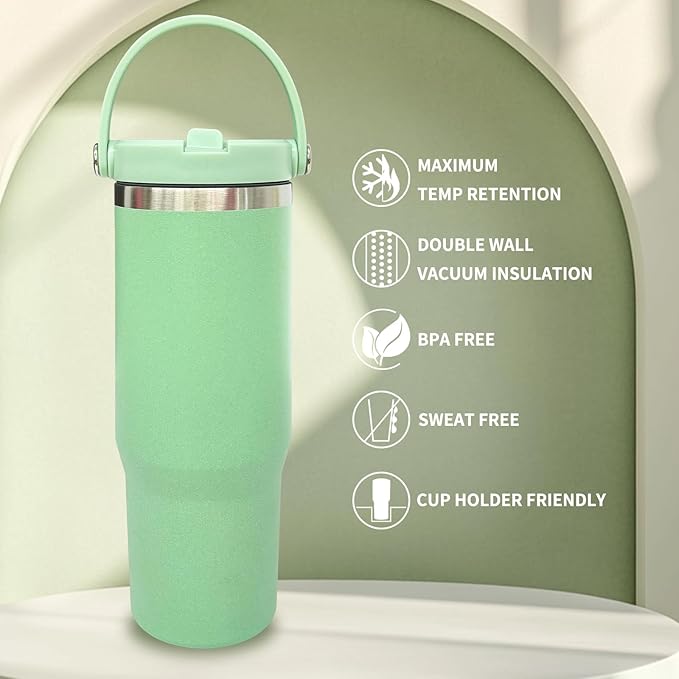 30 oz Tumbler Bulk with Top Handle, Double Wall Vacuum Insulated Tumbler with Flip Straw, Travel Coffee Mug 30oz Powder Coated Cup for Laser Engraving (Green,4 pack)