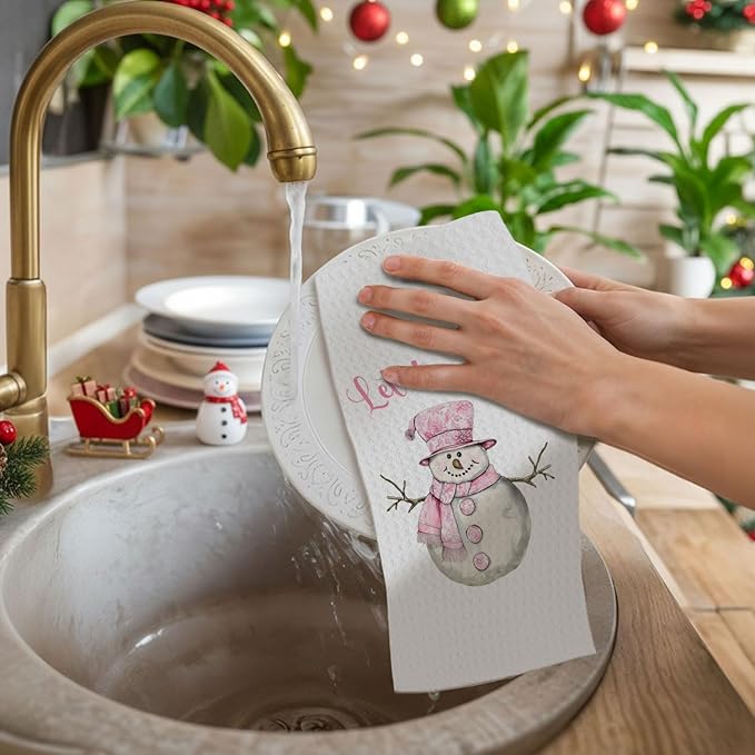 Pink Chinoiserie Christmas Snowman Kitchen Towels, Preppy Winter Dish Towels Drying Cloth for Kitchen, Let It Snow Xmas Holiday Snowman Decorative Hand Towel for Bathroom, 16x24 Inch
