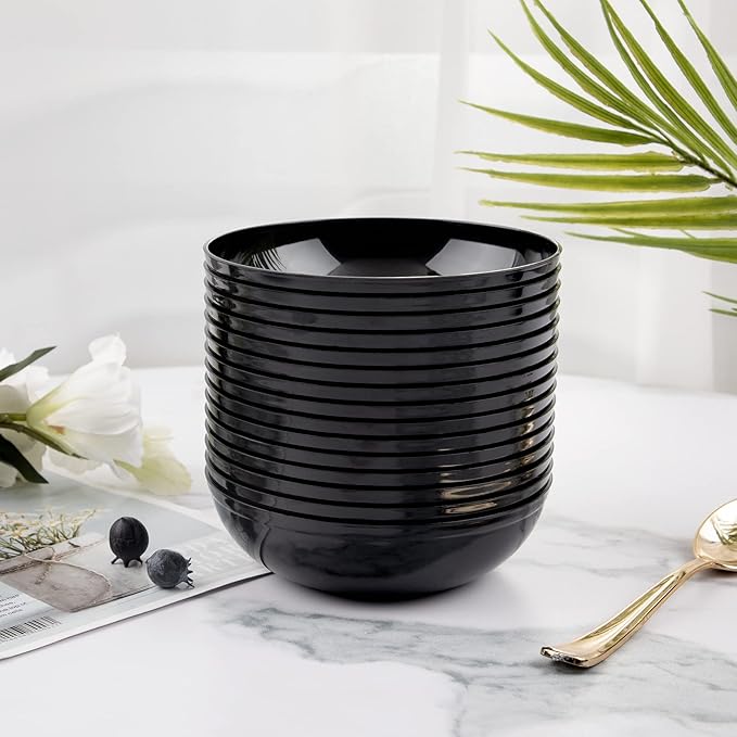 bUCLA 50Pack Black Plastic Bowls - 10oz Disposable Black Plastic Salsa/Serving Bowls - Ideal for Party & Halloween