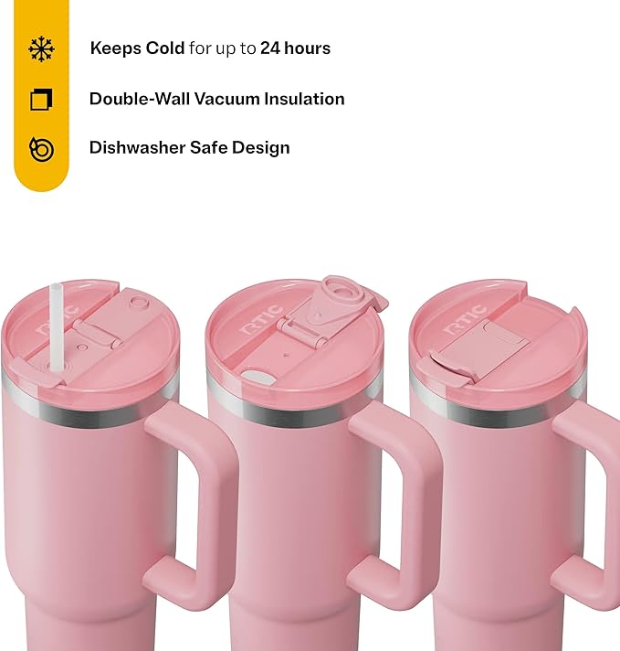 RTIC 40 oz Road Trip Tumbler Double-Walled Cermaic Lined Insulated Stainless Steel Portable Travel Coffee Mug Cup with Lid, Handle and Straw, Dusty Rose