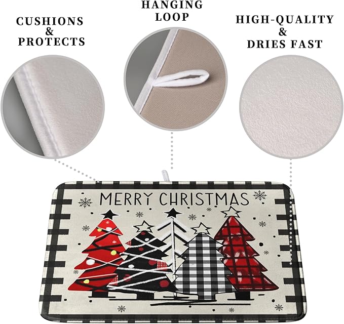 Christmas Trees Kitchen Dish Drying Mat 18x24 Inch Merry Christmas Black White Buffalo Plaid Dish Drainer Mat Absorbent Reversible Microfibe Drying Dish Pad for Winter Kitchen Counter Decor