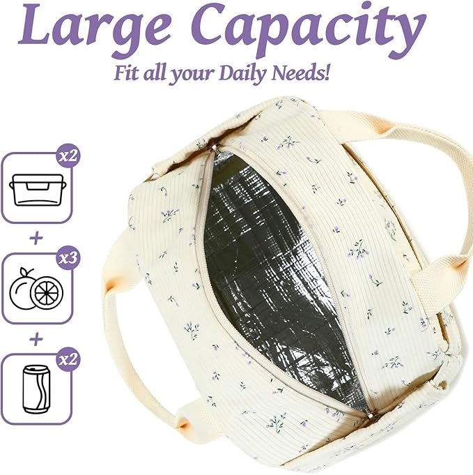 BTOOP Lunch Box for Women Men Cute Corduroy Lunch Bags Large Capacity Insulated Lunch Tote Bag For Work Travel Or Picnic (Purple-Flower)