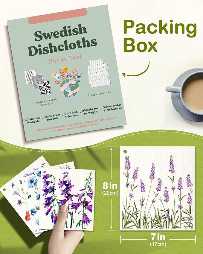 6 Pack Swedish Dishcloths for Kitchen - Reusable Dish Cloths for Washing Dishes Absorbent Cute Funny Kitchen Towels Cleaning Sponge, Lavender Flower