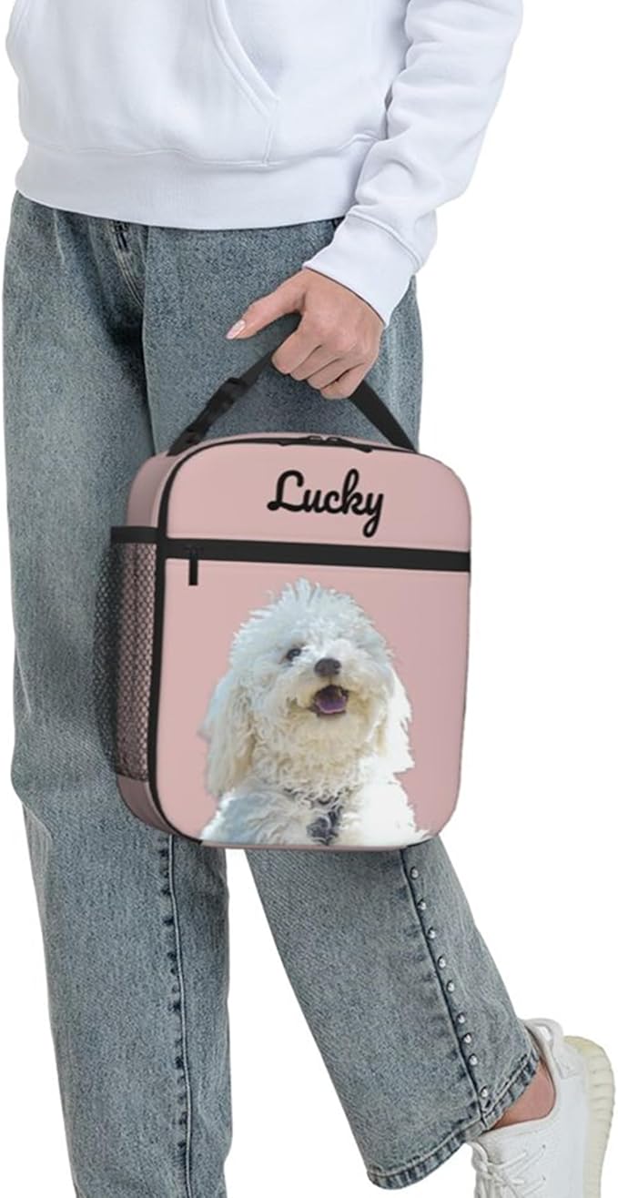 Personalized Pet Photo Lunch Bag, Custom Pet Lunchbag, Customizable Dog & Cat Portrait Insulated Neoprene Lunch Tote with Zipper and String Bag, Cute Funny Reusable Lunch Box Containe for Pet Lovers