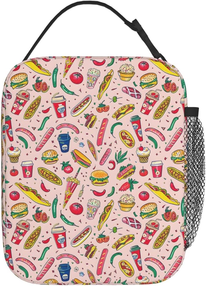 Tasty Fast Food Lunch Box,Insulated Lunchbox,Hot Dog and Colorful Fruit Design Bags,Reusable Cooler Lunchbag for Picnic,Travel,Office,Camping,Ideal Gifts for Women,Men,Kids