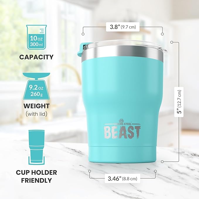 Beast 10 oz Tumbler Stainless Steel Vacuum Insulated Coffee Ice Cup Double Wall Travel Flask (Aquamarine Blue)