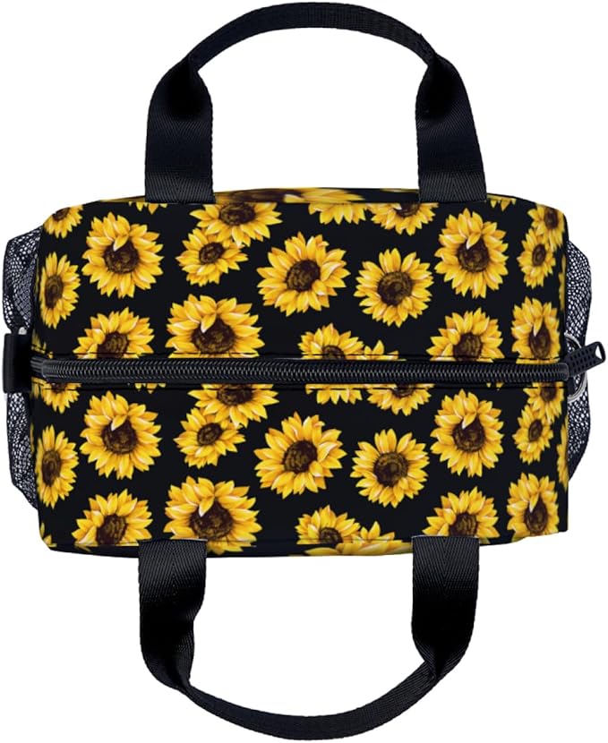 Sunflower Black Background Lunch Bag for Women Men Cute Large Capacity Thermal Lunch Tote Reusable Washable with Adjustable Shoulder Strap and Dual Large Mesh Side Pockets