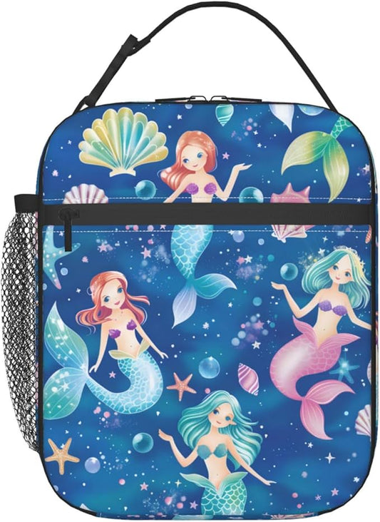 Reusable Mermaid Lunch Box for Kids Girls Boys Women Adult, Insulated Cute Seashell Lunch Bag,Polyester Cooler Ocean Handbags Case for School Picnic Work Travel Beach or Hiking (Blue)