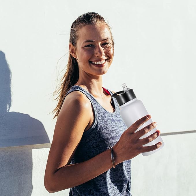 32 oz Insulated Water Bottle with Straw Lid & Wide Mouth Lids, Stainless Steel Sports Water Bottles, Double Walled Vacuum, Leak Proof, White