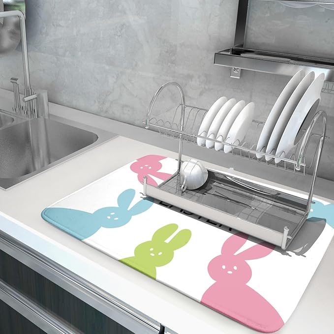 Spring Easter Dish Drying Mats for Kitchen Counter 18×24 Inch Cute Bunny Rabbit Large Microfiber Drying Mat Kitchen Accessories Dish Rack Mat Drainer Pad Washable Absorbent