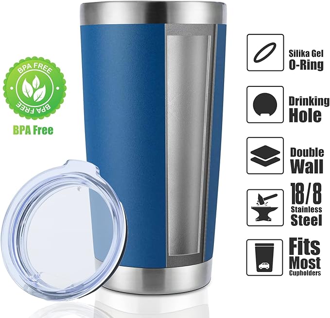 DOMICARE 20oz Stainless Steel Tumbler Bulk with Lid, Double Wall Vacuum Insulated Travel Mug, Powder Coated Coffee Cup, Dark blue, 8 Pack