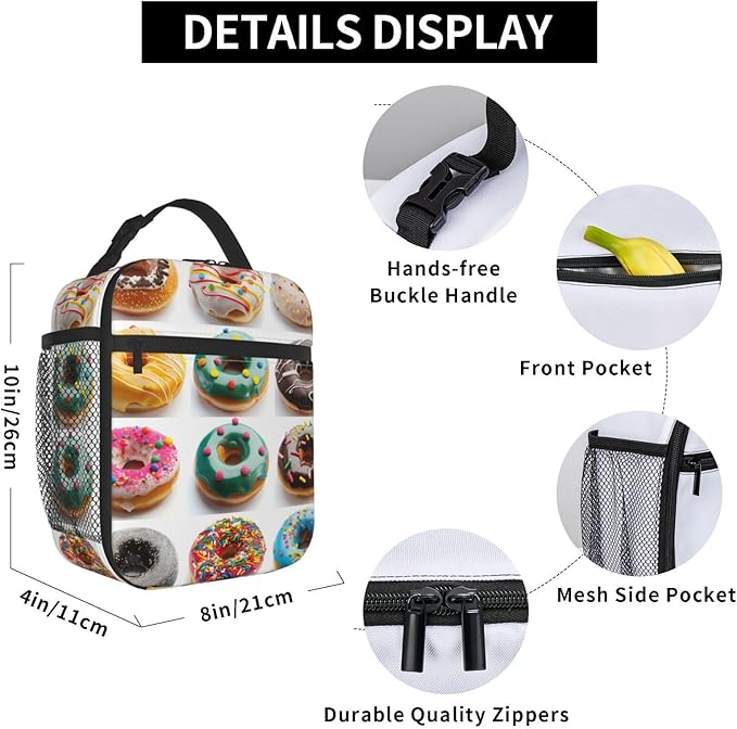 Realistic Donut Pattern Insulated Lunch Box Gifts for Kids Adults Funny Colorful Sweet Food Design Reusable Portable Lunchbox Cooler Lunchbag for Work Picnic School Travel or Hiking