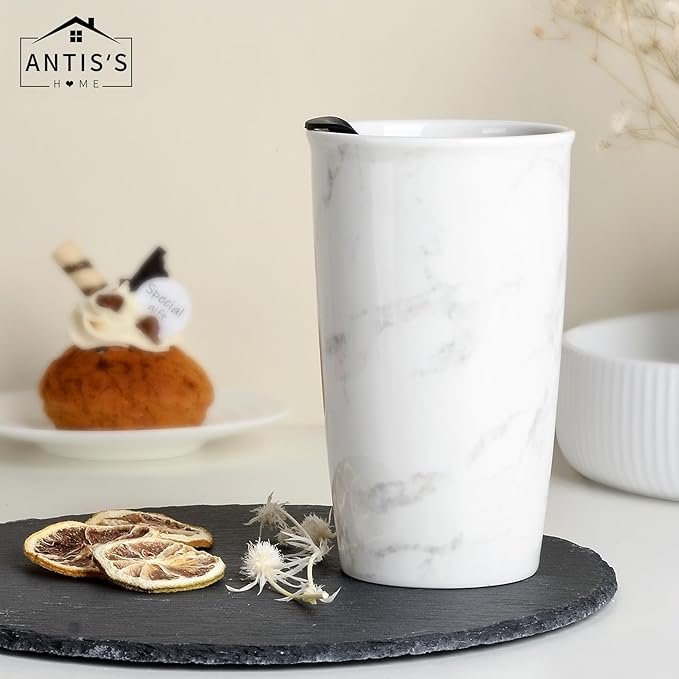 ANTIS'S HOME Ceramic Coffee Mug with Lid, Marble Double Wall Coffee Travel Mug Ceramic Tumbler 12 oz, Reusable Tall Cup, Splash Resistant Lid, Dishwasher Microwaveable Safe
