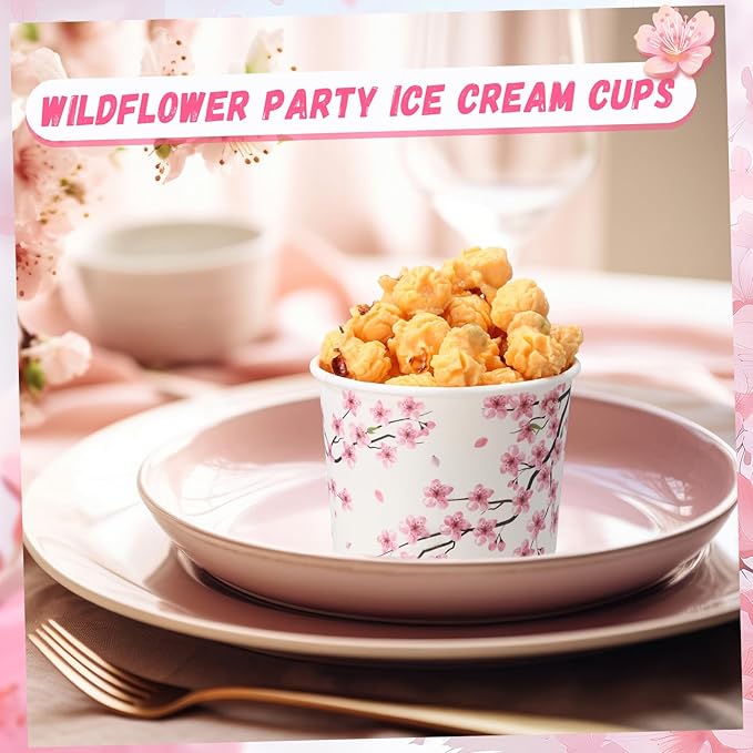 50 Pack Cherry Blossom Ice Cream Cups 9 oz Cherry Blossom Disposable Dessert Bowls Pink Floral Paper Soup Bowl Sakura Snack Cup Wedding Baby Shower Birthday Party Supplies for Hot Cold Food