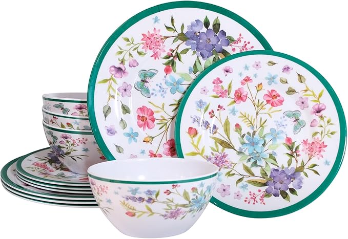 Melamine Dinnerware Set 12-Piece for 4 Dish Set Plates Bowls Unbreakable Dishware for Indoor Outdoor Use Lightweight Durable for Camping Picnics Parties Green