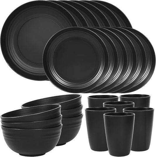 Quatish 24 Piece Plates and Bowls Sets for 6, Unbreakable Dinnerware Sets, Plastic Dish Set for Camping, Dishwasher Microwave Safe, Outdoor Kitchen and Apartment Dinning RV Essentials, Black