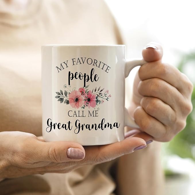 QASHWEY Great Grandma Coffee Mug, Great Grandma Gifts, Mothers Day Mugs Tea Cup Gift for GreatGrandma, GreatGrandmother Gifts, My Favorite People Call Me GreatGrandma Coffee Cups Ceramic 11oz