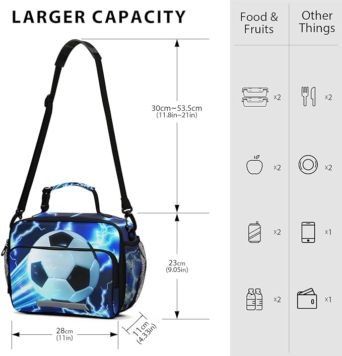 ALAZA Soccer Kids Lunch Box, Blue Lightning Lunchbox Insulated Reusable Meal Container Lunch Bag with Shoulder Strap for School Girls Boys