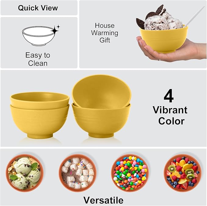 Wrova wheat straw icecream bowls 10oz set of 8 - Unbreakable Dessert Bowls Freezer Safe - Small Bowls for Yogurt,Snack and Fruits. Yellow