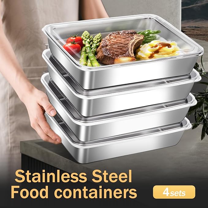 4 Pcs Stainless Steel Food Containers with Clear Lids, Stackable Snack Storage Boxes, Deli Meat Keeper for Refrigerator or Picnic, BBQ Party, Office, Gym Lunch
