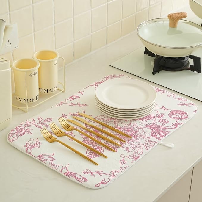 Pink Chinoiserie Floral Dish Drying Mat 18 x 24 inch Vintage Flower Decorative Drying Mats Microfiber Absorbent Dish Washable Draining Mat for Kitchen Counter Decor