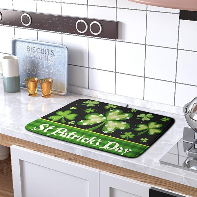 St Patrick's Day Dish Drying Mats for Kitchen Counter 16x18 Inch Lucky Clovers Shamrock Green Buffalo Plaid Drying Mat Microfiber Absorbent Dish Drying Pad Dish Drainer Rack Mats for Kitchen Sink